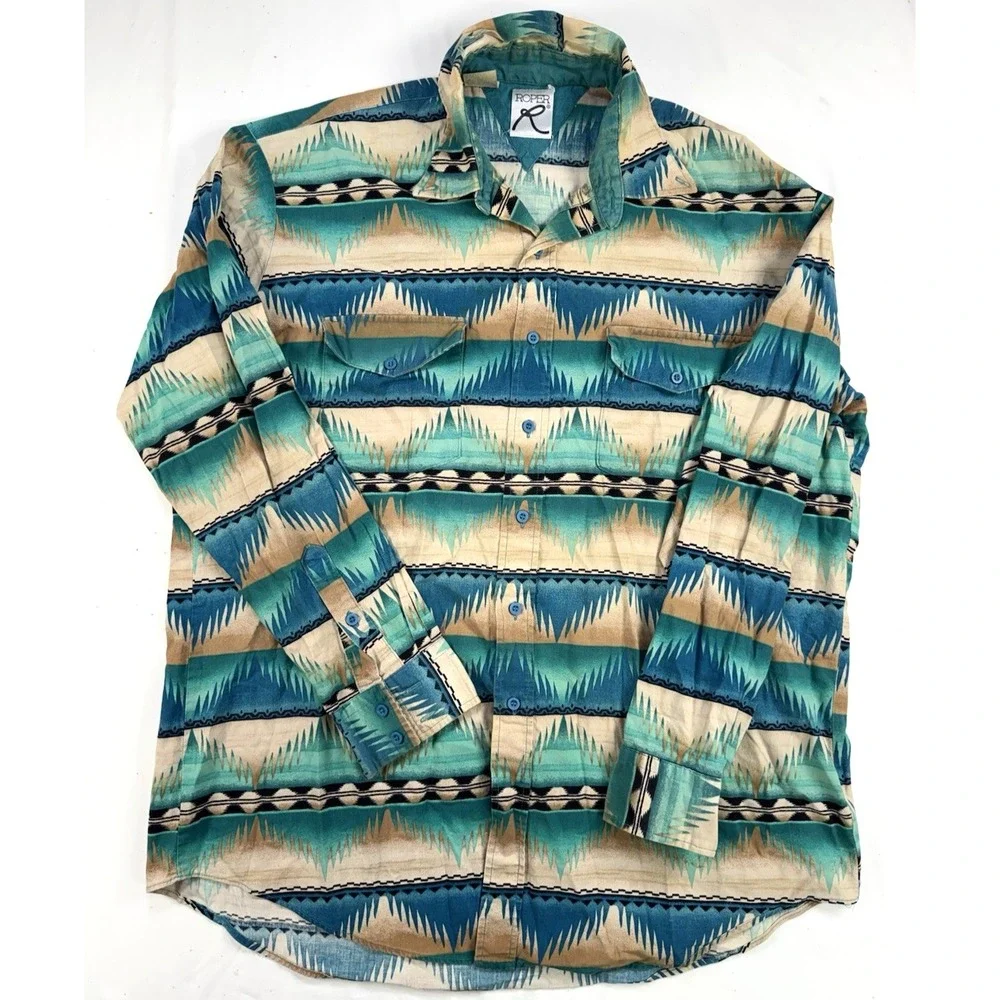 Roper Mens XL Aztec Long Sleeve Western Shirt Ranch Rodeo Cowboy USA Vintage